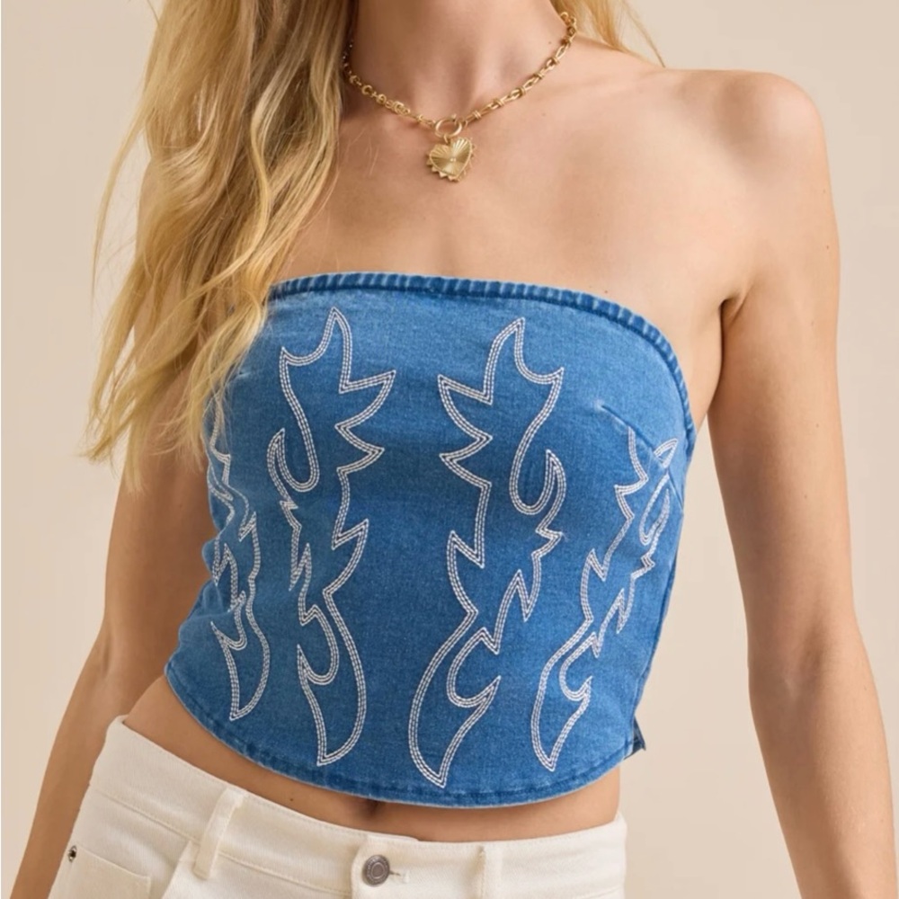 NWT Altar’d State Mae denim tube top women’s S small western country jean flames